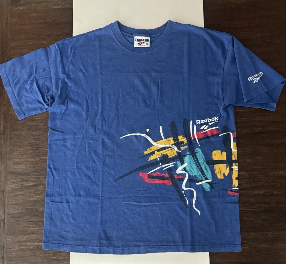 Vintage 90s Reebok T Shirt Blue Abstract Graphic Wraparound Logo Tee Mens XL